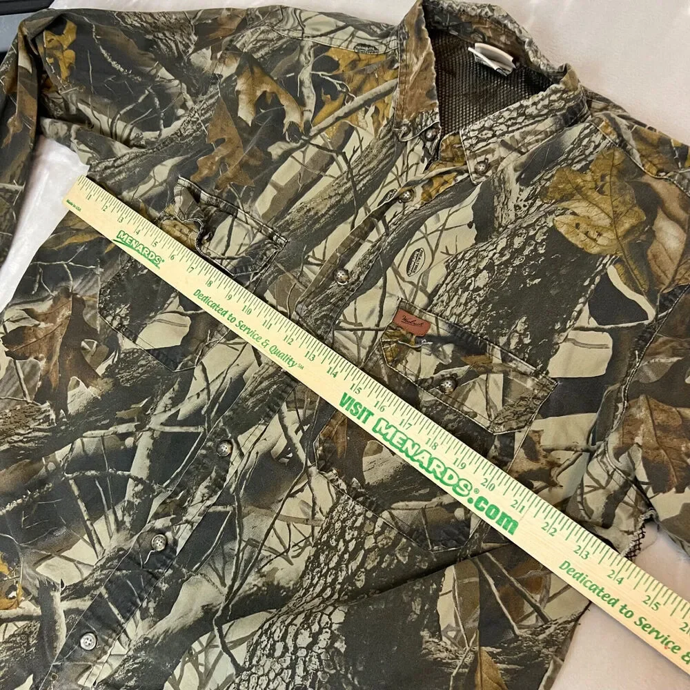 VTG Woolrich Shirt Mens L Camo Hardwoods‎ Button Up Vented Outdoors Grunge FLAW